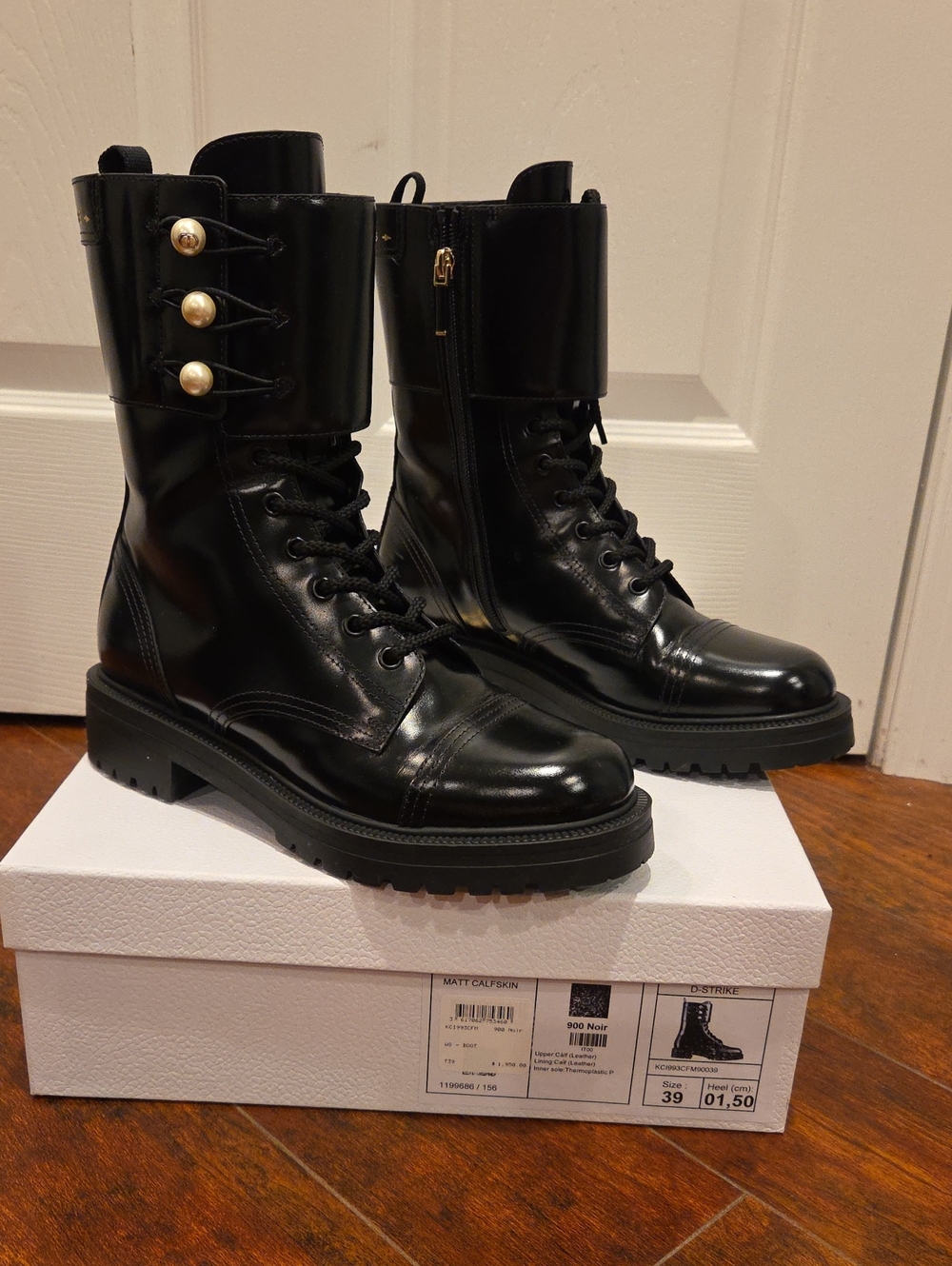 Dior Black Lace-Up D-Strike Combat Boots with Side Zip and Pearl Accents